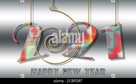 Frohes neues Jahr 2021 buntes Banner. Hängende Zahlen 2021, Text Frohes neues Jahr auf metallisch-grauem glänzenden Hintergrund. 3D-Illustration Stockfoto