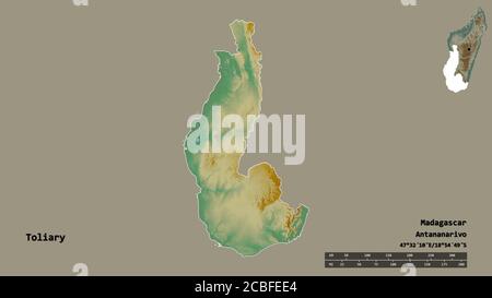 Form von Toliary, autonome Provinz von Madagaskar, mit seiner Hauptstadt auf festem Hintergrund isoliert. Entfernungsskala, Regionenvorschau und Beschriftungen. Topogra Stockfoto