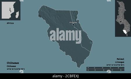 Form von Chikwawa, Bezirk von Malawi, und seine Hauptstadt. Entfernungsskala, Vorschauen und Beschriftungen. Farbige Höhenkarte. 3D-Rendering Stockfoto