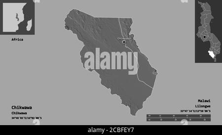 Form von Chikwawa, Bezirk von Malawi, und seine Hauptstadt. Entfernungsskala, Vorschauen und Beschriftungen. Höhenkarte mit zwei Ebenen. 3D-Rendering Stockfoto