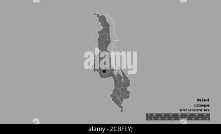 Entsättigte Form von Malawi mit seiner Hauptstadt, der wichtigsten regionalen Teilung und dem abgetrennten Chikwawa-Gebiet. Beschriftungen. Höhenkarte mit zwei Ebenen. 3D-Rendering Stockfoto