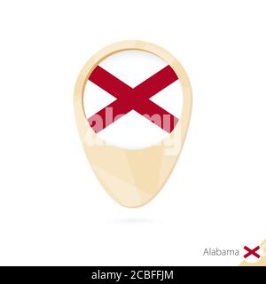 Kartenzeiger mit Flagge von Alabama. Orangefarbenes Symbol für abstrakte Karten. Vektorgrafik. Stock Vektor