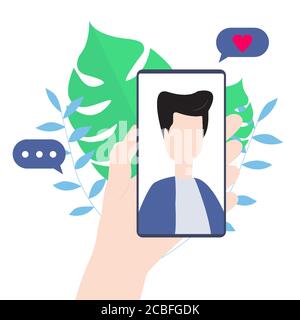 Hand hält Handy mit Freund auf dem Bildschirm. Online-Konferenz, Videoanruf. Relationen auf Abstand Konzeptdarstellung Stock Vektor