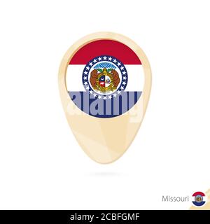 Kartenzeiger mit Flagge von Missouri. Orangefarbenes Symbol für abstrakte Karten. Vektorgrafik. Stock Vektor