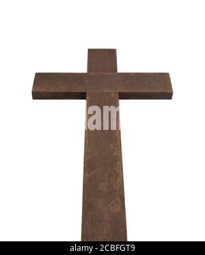 Großes altes Holzkreuz isoliert auf weißem Hintergrund mit Clipping Pfad Stockfoto