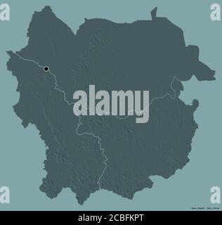 Form von Kayes, Region von Mali, mit seiner Hauptstadt auf einem einfarbigen Hintergrund isoliert. Farbige Höhenkarte. 3D-Rendering Stockfoto