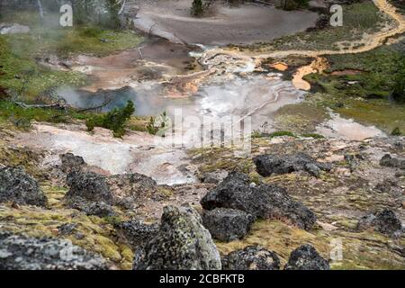 Bunte heiße Quellen und Geysire bei den Artists Paint Töpfe Wandergebiet im Yellowstone National Park Stockfoto