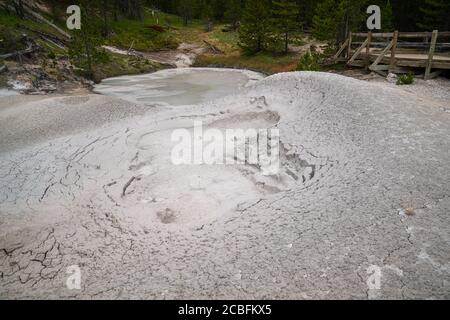 Nahaufnahme der Schlammtöpfe bei Artists Paint Pots Wandergebiet im Yellowstone Nationalpark Stockfoto