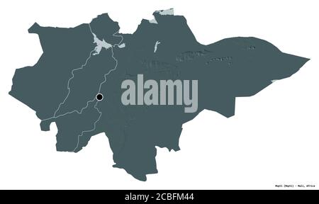 Form von Mopti, Region von Mali, mit seiner Hauptstadt isoliert auf weißem Hintergrund. Farbige Höhenkarte. 3D-Rendering Stockfoto