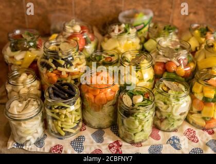 Glas Gläser mit verschiedenen Gemüse, Konserven Gemüse, Salzen von verschiedenen Gemüse in Gläsern für die langfristige Lagerung, Sorte fermentiert grün vegetab Stockfoto