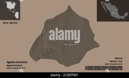 Form von Aguascalientes, Bundesstaat Mexiko, und seine Hauptstadt. Entfernungsskala, Vorschauen und Beschriftungen. Farbige Höhenkarte. 3D-Rendering Stockfoto