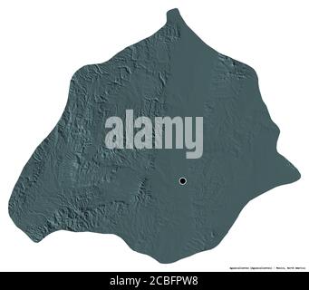 Form von Aguascalientes, Bundesstaat Mexiko, mit seiner Hauptstadt isoliert auf weißem Hintergrund. Farbige Höhenkarte. 3D-Rendering Stockfoto