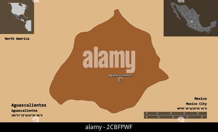 Form von Aguascalientes, Bundesstaat Mexiko, und seine Hauptstadt. Entfernungsskala, Vorschauen und Beschriftungen. Komposition von regelmäßig gemusterten Texturen. 3D-Rendering Stockfoto