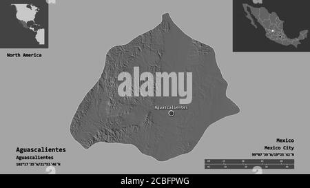 Form von Aguascalientes, Bundesstaat Mexiko, und seine Hauptstadt. Entfernungsskala, Vorschauen und Beschriftungen. Höhenkarte mit zwei Ebenen. 3D-Rendering Stockfoto