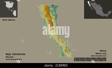 Form von Baja California, Bundesstaat Mexiko, und seine Hauptstadt. Entfernungsskala, Vorschauen und Beschriftungen. Topografische Reliefkarte. 3D-Rendering Stockfoto