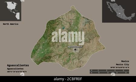 Form von Aguascalientes, Bundesstaat Mexiko, und seine Hauptstadt. Entfernungsskala, Vorschauen und Beschriftungen. Satellitenbilder. 3D-Rendering Stockfoto