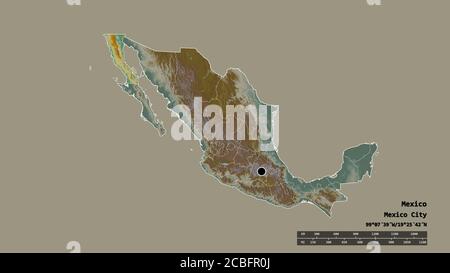 Entsättigte Form von Mexiko mit seiner Hauptstadt, der wichtigsten regionalen Teilung und der abgetrennten Baja California Bereich. Beschriftungen. Topografische Reliefkarte. 3D-Rendering Stockfoto