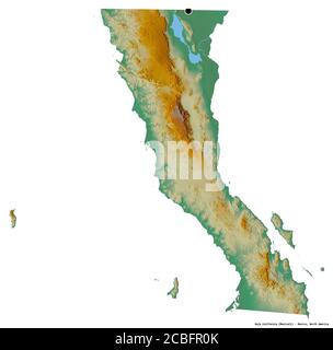 Form von Baja California, Bundesstaat Mexiko, mit seiner Hauptstadt isoliert auf weißem Hintergrund. Topografische Reliefkarte. 3D-Rendering Stockfoto