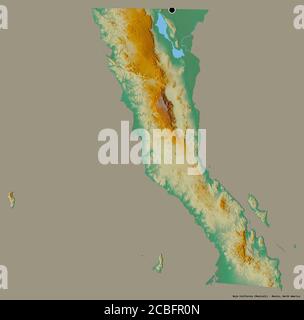 Form von Baja California, Bundesstaat Mexiko, mit seiner Hauptstadt isoliert auf einem einfarbigen Hintergrund. Topografische Reliefkarte. 3D-Rendering Stockfoto