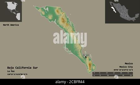 Form von Baja California Sur, Bundesstaat Mexiko, und seine Hauptstadt. Entfernungsskala, Vorschauen und Beschriftungen. Topografische Reliefkarte. 3D-Rendering Stockfoto