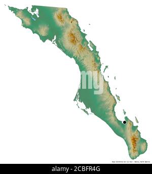 Form von Baja California Sur, Bundesstaat Mexiko, mit seiner Hauptstadt isoliert auf weißem Hintergrund. Topografische Reliefkarte. 3D-Rendering Stockfoto