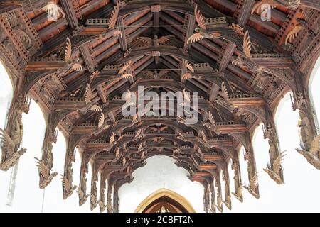 Das Engelsdach der St. Wendreda Kirche im März. Cambridgeshire UK 2019. Stockfoto