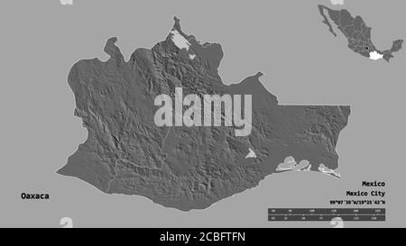 Form von Oaxaca, Bundesstaat Mexiko, mit seiner Hauptstadt auf festem Hintergrund isoliert. Entfernungsskala, Regionenvorschau und Beschriftungen. Höhenkarte mit zwei Ebenen. 3D Stockfoto