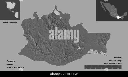 Form von Oaxaca, Bundesstaat Mexiko, und seine Hauptstadt. Entfernungsskala, Vorschauen und Beschriftungen. Höhenkarte mit zwei Ebenen. 3D-Rendering Stockfoto