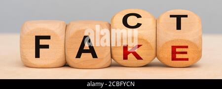 Fakt und Fälschung auf Holzwürfeln gedruckt Stockfoto