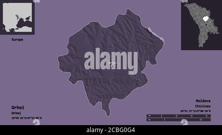 Form von Orhei, Bezirk Moldawien, und seine Hauptstadt. Entfernungsskala, Vorschauen und Beschriftungen. Farbige Höhenkarte. 3D-Rendering Stockfoto