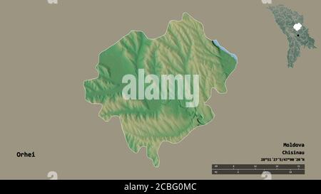Form von Orhei, Bezirk Moldawien, mit seiner Hauptstadt auf festem Hintergrund isoliert. Entfernungsskala, Regionenvorschau und Beschriftungen. Topografische Reliefkarte. Stockfoto