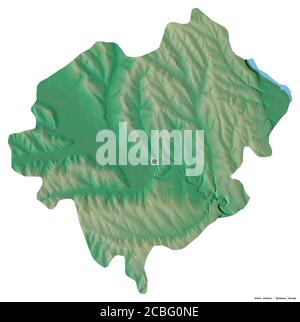 Form von Orhei, Bezirk Moldawien, mit seiner Hauptstadt isoliert auf weißem Hintergrund. Topografische Reliefkarte. 3D-Rendering Stockfoto