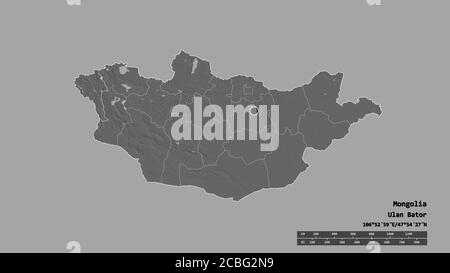 Entsättigte Form der Mongolei mit ihrer Hauptstadt, der wichtigsten regionalen Teilung und dem abgetrennten Bayan-Ölgiy-Gebiet. Beschriftungen. Höhenkarte mit zwei Ebenen. 3D-Rendering Stockfoto