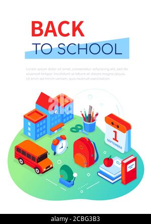 Zurück in die Schule - modernes buntes isometrisches Webbanner Stock Vektor