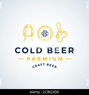 Hochwertiges Kaltes Bier. Abstrakter Vektor Bier Zeichen, Emblem oder Logo Vorlage. Growler Bottle, Cap und Beer Tap Icons mit Vintage Monogramm und Typografie. Stock Vektor