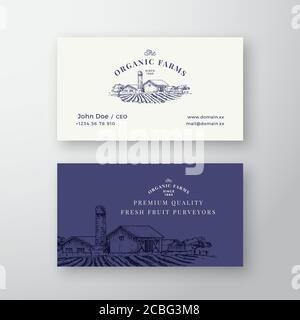 Farm Landscape Abstract Vintage Vektor Logo und Visitenkarte Vorlage. Dorfgebäude und Felder mit retro Typografie. Premium Stationär Stock Vektor