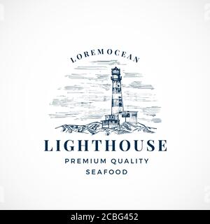 Leuchtturm Abstraktes Vektor-Zeichen, Symbol oder Logo-Vorlage. Suchscheinwerfer Turm Landschaftszeichnung Skizze mit Retro Typografie. Vintage Engraving Style Stock Vektor