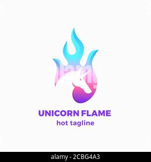 Unicorn Flame abstraktes Vektorzeichen, Symbol oder Logo-Vorlage. Negative Space Einhorn Silhouette in einer Feuerform mit moderner Typografie. Kreativ Stock Vektor