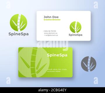 Spine Spa Abstract Vector Logo und Visitenkarte Vorlage. Bambusstem als Wirbelsäule mit Blättern. Moderne Typografie. Premium Stationär Realistisch Mock Up Stock Vektor