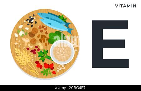 Die Nährstoffkomponenten Vitamin E Vektor Illustrationen in flacher Form. Produkte mit dem maximalen Gehalt an Vitamin E. Stock Vektor