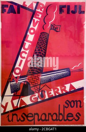 Spanisches Bürgerkriegsposter aus den 1930er Jahren, produziert von der FAI, CNT, der spanischen anarchistischen Partei. "Revolution und Krieg sind unzertrennlich." Stockfoto