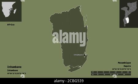 Form von Inhambane, Provinz Mosambik, und seine Hauptstadt. Entfernungsskala, Vorschauen und Beschriftungen. Farbige Höhenkarte. 3D-Rendering Stockfoto