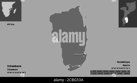 Form von Inhambane, Provinz Mosambik, und seine Hauptstadt. Entfernungsskala, Vorschauen und Beschriftungen. Höhenkarte mit zwei Ebenen. 3D-Rendering Stockfoto