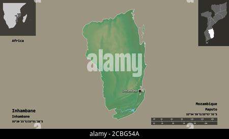 Form von Inhambane, Provinz Mosambik, und seine Hauptstadt. Entfernungsskala, Vorschauen und Beschriftungen. Topografische Reliefkarte. 3D-Rendering Stockfoto