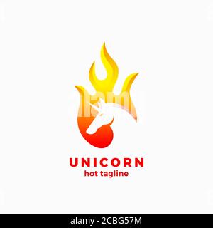 Einhorn in einer Flammenform Abstraktes Vektorzeichen, Symbol oder Logo-Vorlage. Negative Space Einhorn Silhouette mit moderner Typografie. Kreativer Vektor Stock Vektor