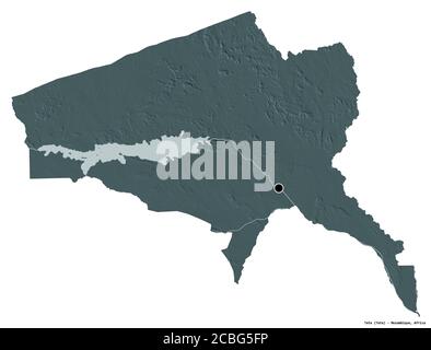 Form von Tete, Provinz Mosambik, mit seiner Hauptstadt isoliert auf weißem Hintergrund. Farbige Höhenkarte. 3D-Rendering Stockfoto