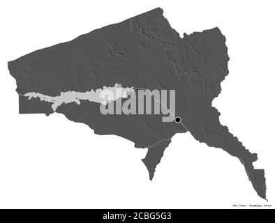 Form von Tete, Provinz Mosambik, mit seiner Hauptstadt isoliert auf weißem Hintergrund. Höhenkarte mit zwei Ebenen. 3D-Rendering Stockfoto