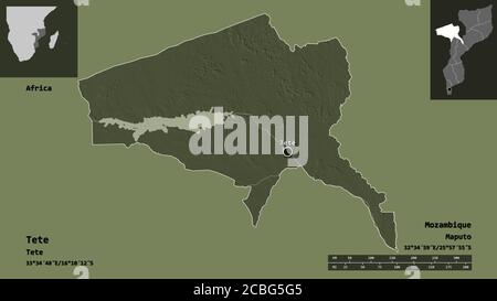 Form von Tete, Provinz Mosambik, und seine Hauptstadt. Entfernungsskala, Vorschauen und Beschriftungen. Farbige Höhenkarte. 3D-Rendering Stockfoto