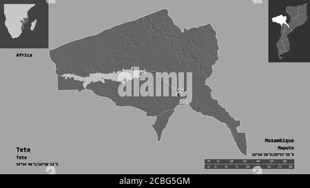 Form von Tete, Provinz Mosambik, und seine Hauptstadt. Entfernungsskala, Vorschauen und Beschriftungen. Höhenkarte mit zwei Ebenen. 3D-Rendering Stockfoto