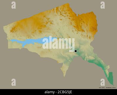 Form von Tete, Provinz Mosambik, mit seiner Hauptstadt isoliert auf einem einfarbigen Hintergrund. Topografische Reliefkarte. 3D-Rendering Stockfoto